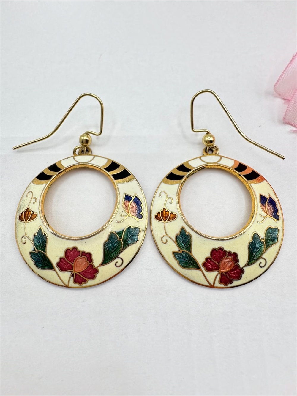 Vintage Cloisonné Hoop Earrings Yellow Butterfly Floral Cottagecore Grannycore